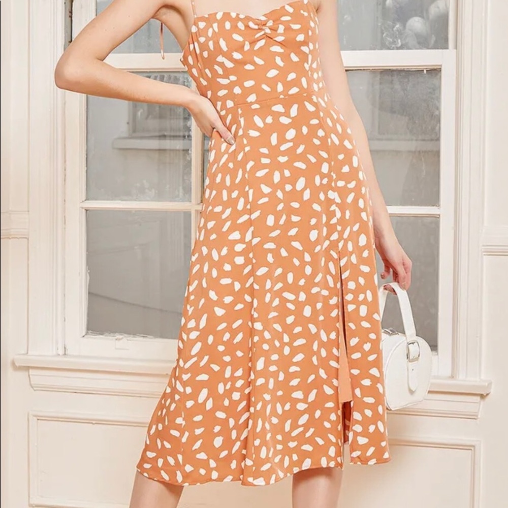 Party in Paris Light Orange Print Tie-Strap Midi Dress